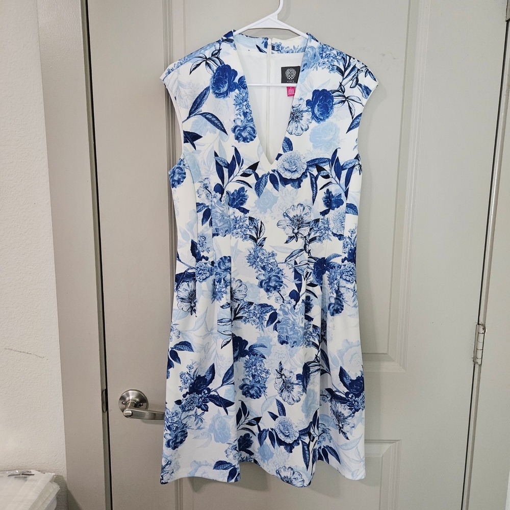 Vince Camuto Blue White Floral Toile Fit Flare Scuba Dress Pockets Womens 12